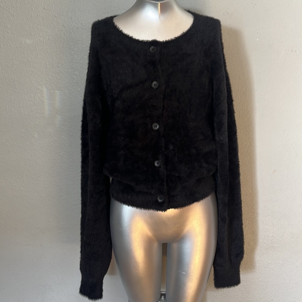 Good American Black Fuzzy Button Down Cropped Cardigan NWT